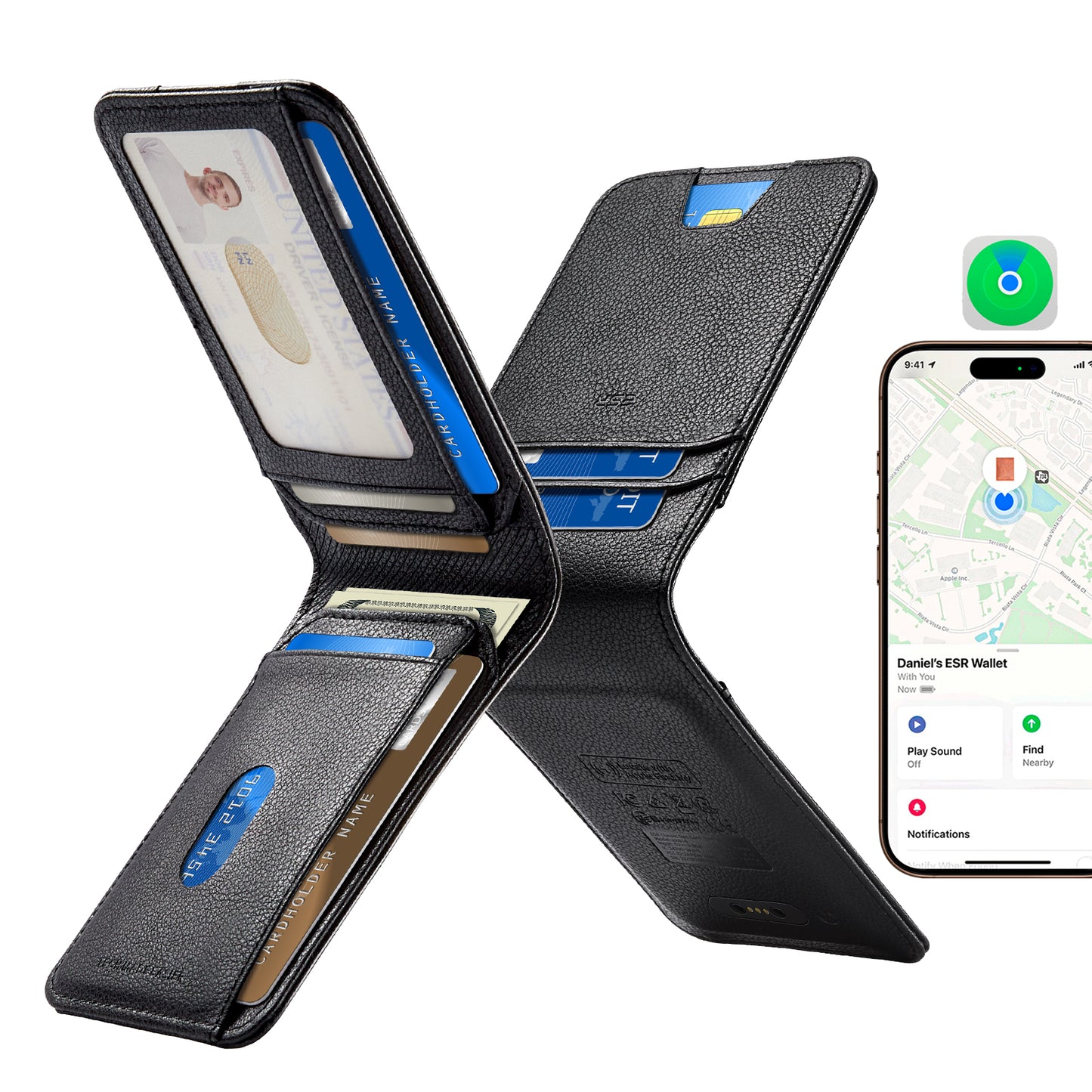 ESR Classic Geo novčanik sa funkcijom Find My i RFID zaštitom, Crni, Refabrikovan