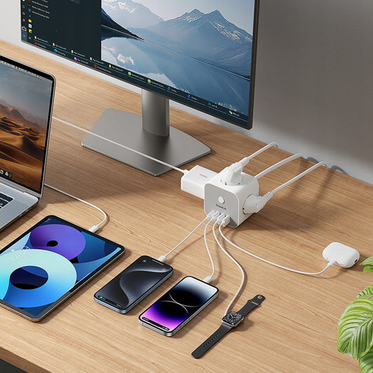 Prelungitor Baseus PowerCombo 7in1, 20W, 3A, 3 x USB-A - 1 x USB-C - 3 x Schuko, Beli E00066401213-00