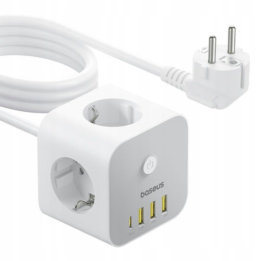 Prelungitor Baseus PowerCombo 7in1, 20W, 3A, 3 x USB-A - 1 x USB-C - 3 x Schuko, Beli E00066401213-00