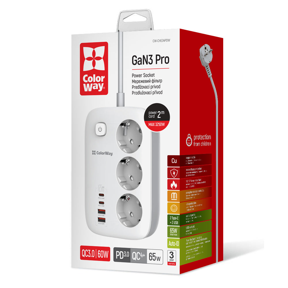 Produžni kabl ColorWay, 3 x Schuko, Beli