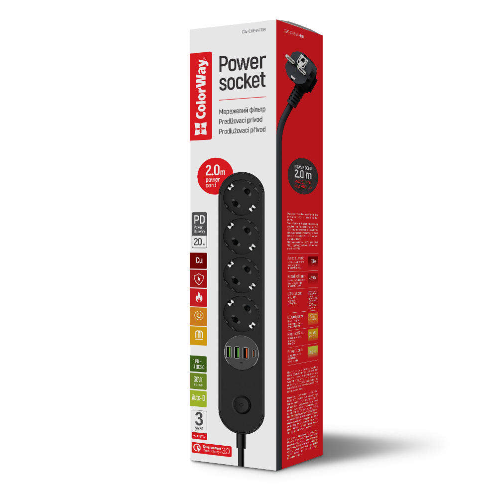 Prelungitor ColorWay, 4 x Schuko, Crni