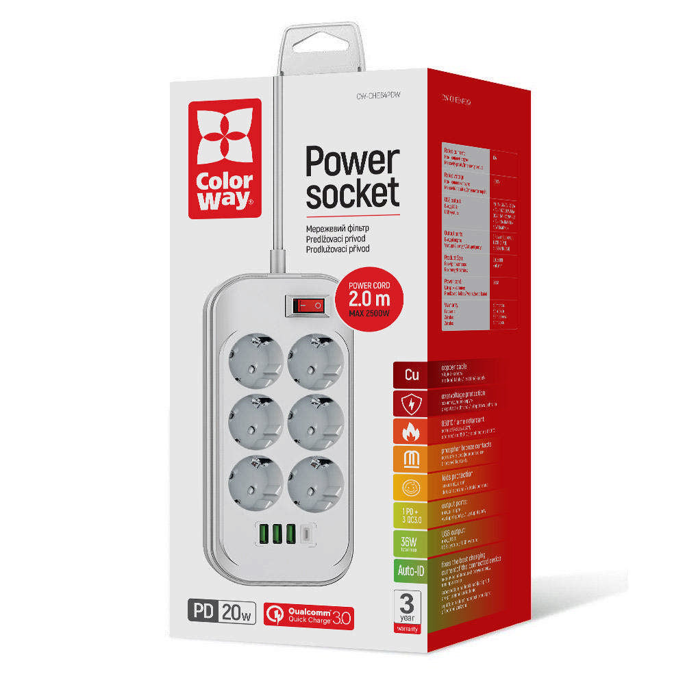 Prelungitor ColorWay, 6 x Schuko, Beli