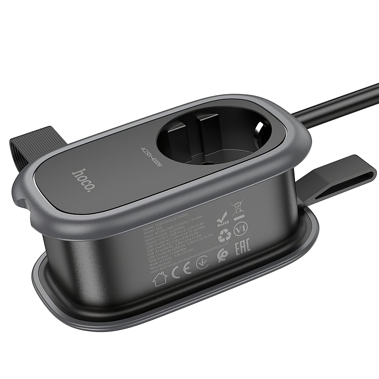 Produžni kabel HOCO NS6, 12W, 2.4A, 2 x USB-A - 1 x USB-C - 1 x Schuko, Crni