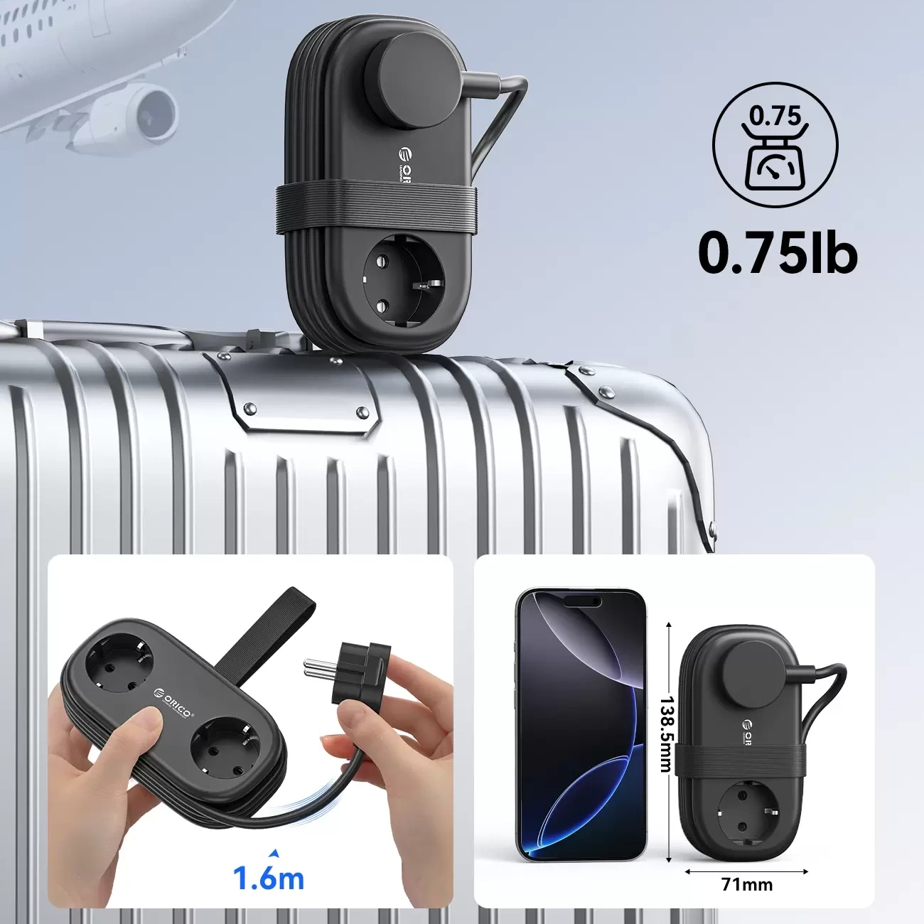 Produžni kabl Orico AP3, 2 x Schuko - 2 x USB-A - 2 x USB-C, Crna