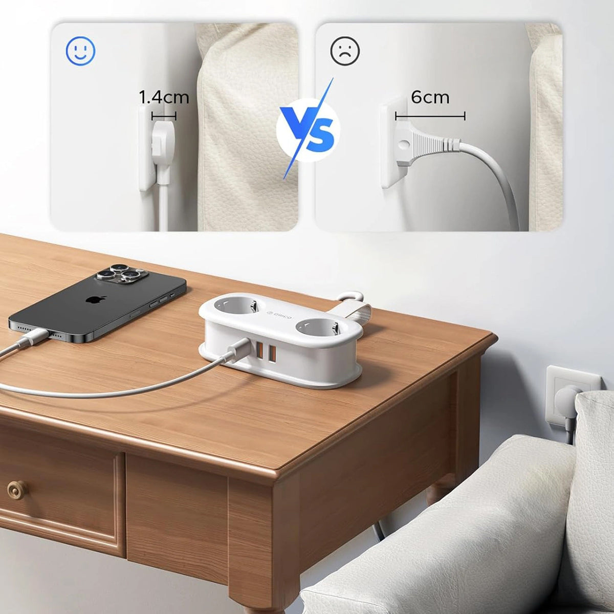 Produžni kabl Orico APP, 2 x Schuko - 2 x USB-A - 1 x USB-C, Bela