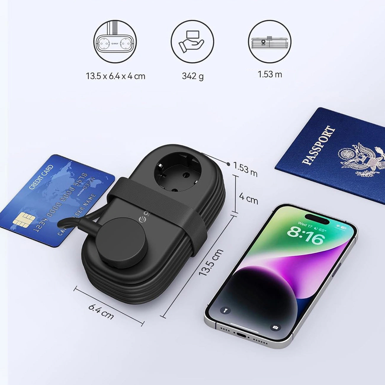 Produžni kabl Orico APP, 2 x Schuko - 2 x USB-A - 1 x USB-C, Crna