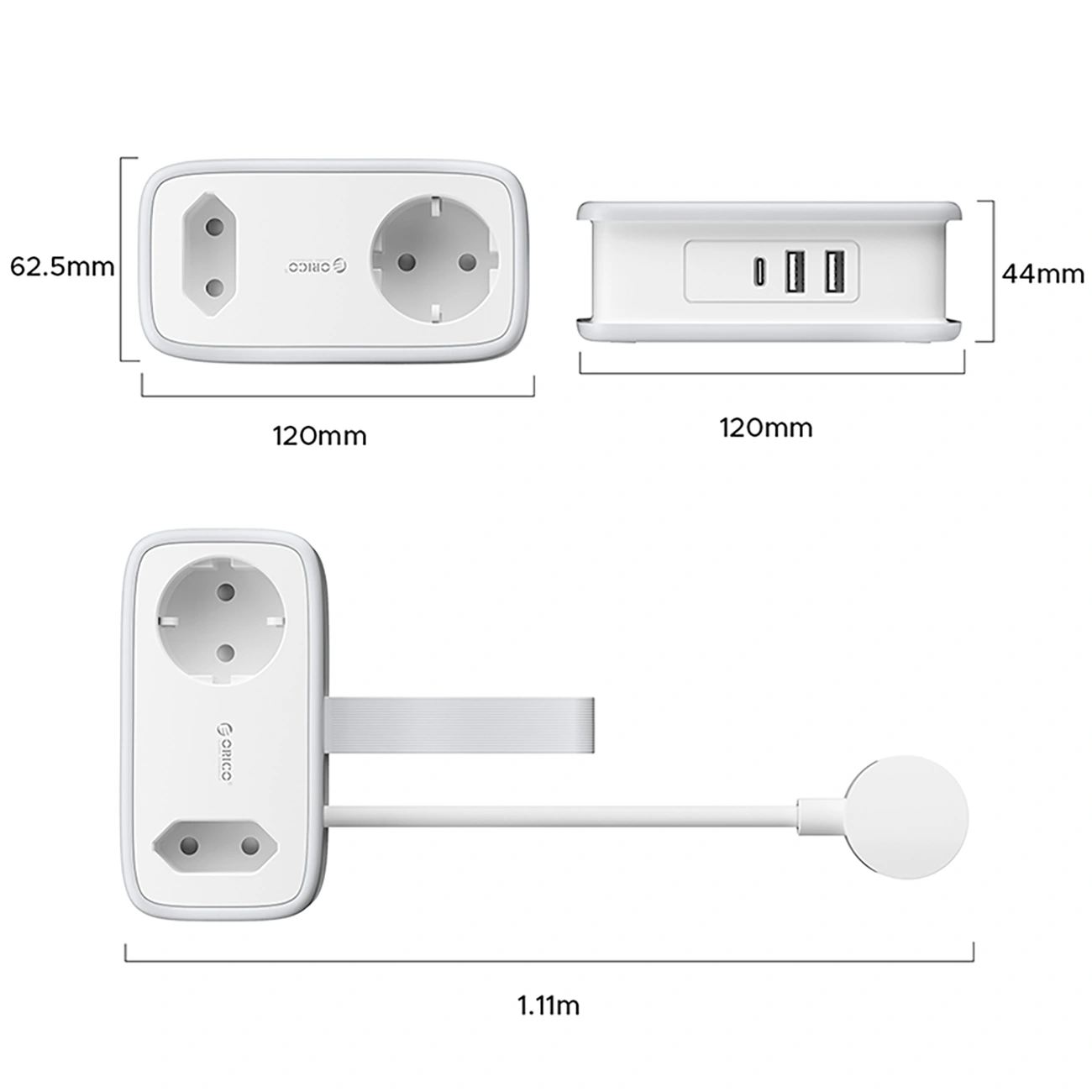 Produžni kabl Orico APP, 1 x Schuko - 1 x Utičnica - 2 x USB-A - 1 x USB-C, Belo Sivo