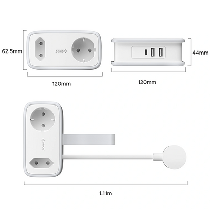 Produžni kabl Orico APP, 1 x Schuko - 1 x Utičnica - 2 x USB-A - 1 x USB-C, Belo Sivo