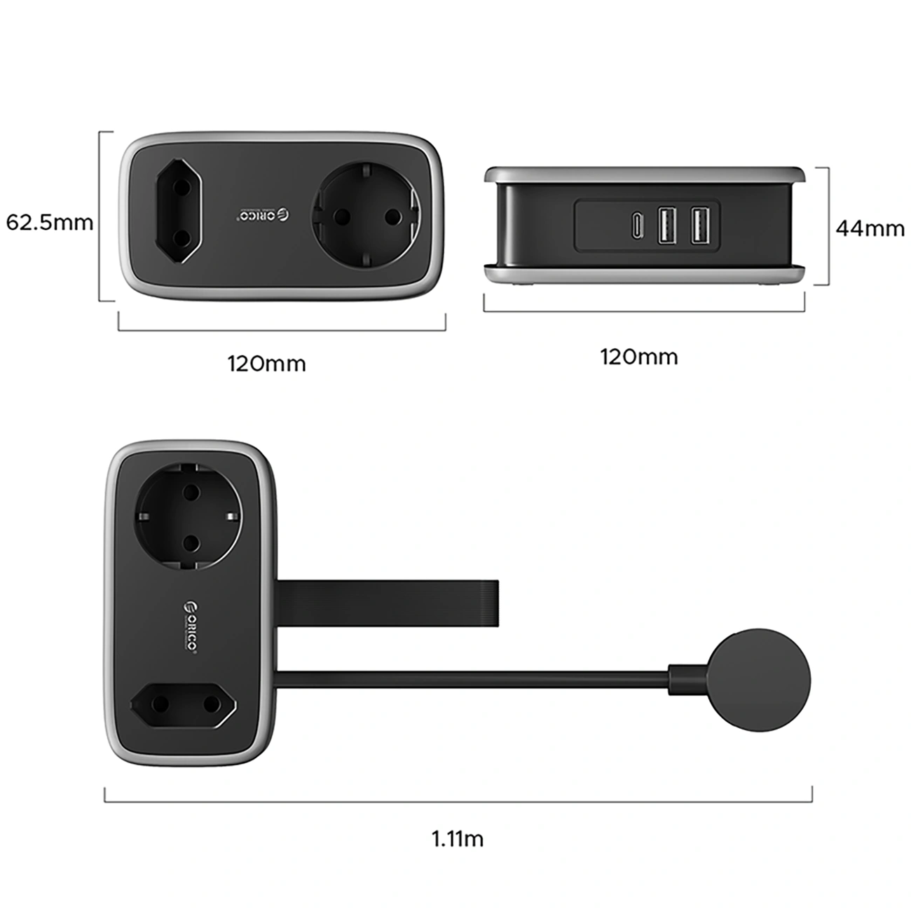 Produžni kabl Orico APP, 1 x Schuko - 1 x Utičnica - 2 x USB-A - 1 x USB-C, Crno Sivo