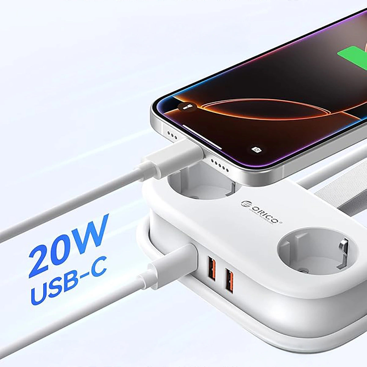 Produžni kabl Orico APP, 2 x Schuko - 2 x USB-A - 1 x USB-C, Bela