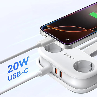 Produžni kabl Orico APP, 2 x Schuko - 2 x USB-A - 1 x USB-C, Bela