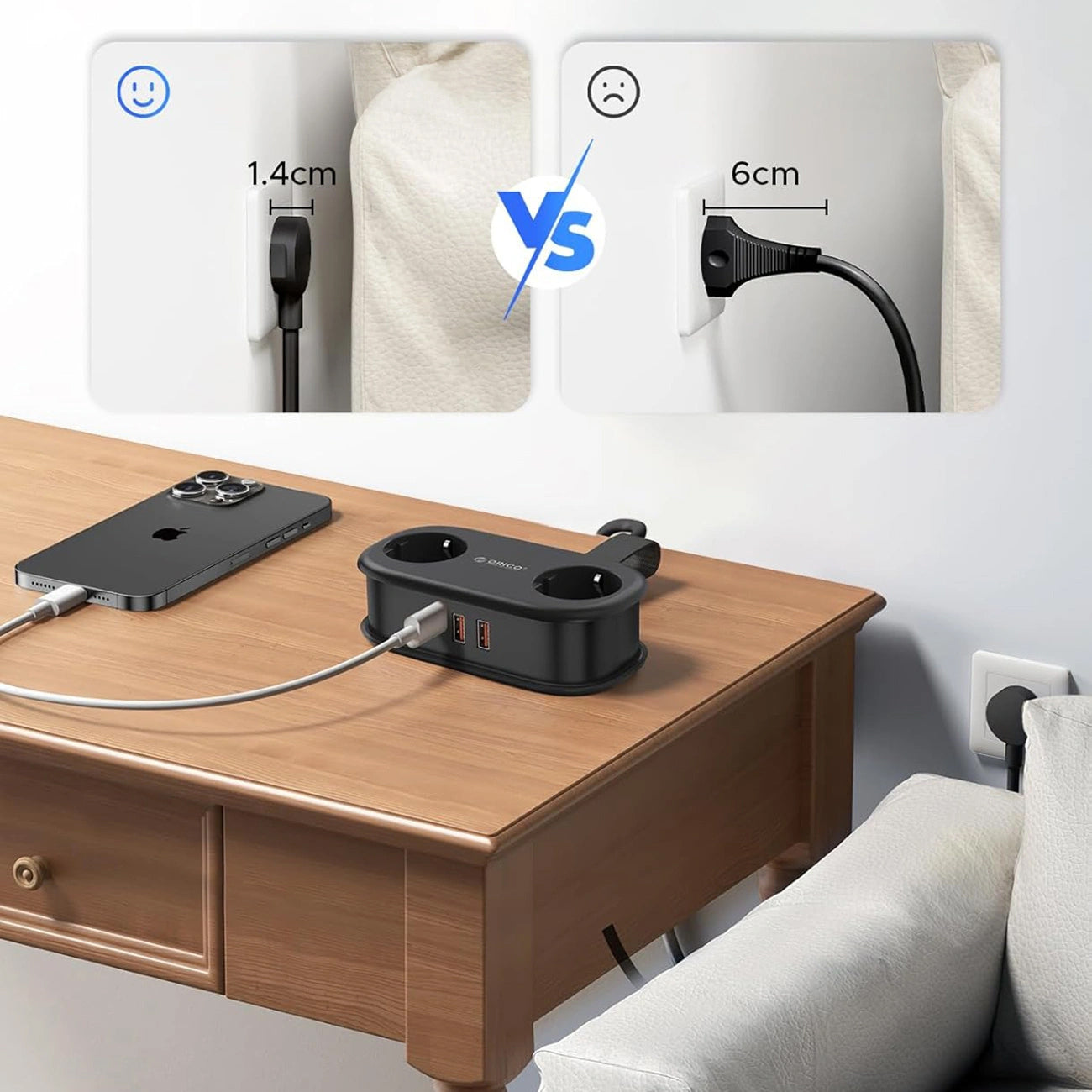 Produžni kabl Orico APP, 2 x Schuko - 2 x USB-A - 1 x USB-C, Crna