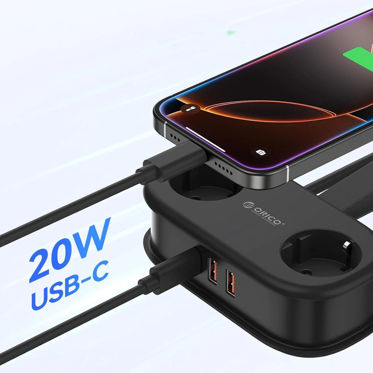 Produžni kabl Orico APP, 2 x Schuko - 2 x USB-A - 1 x USB-C, Crna