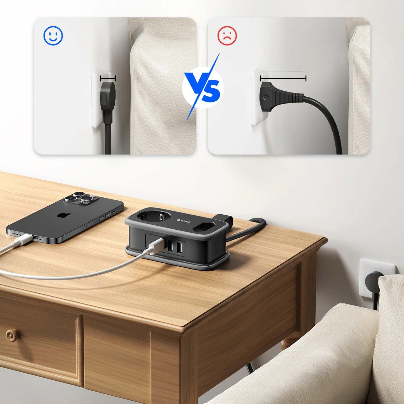 Produžni kabl Orico APP, 1 x Schuko - 1 x Utičnica - 2 x USB-A - 1 x USB-C, Crno Sivo