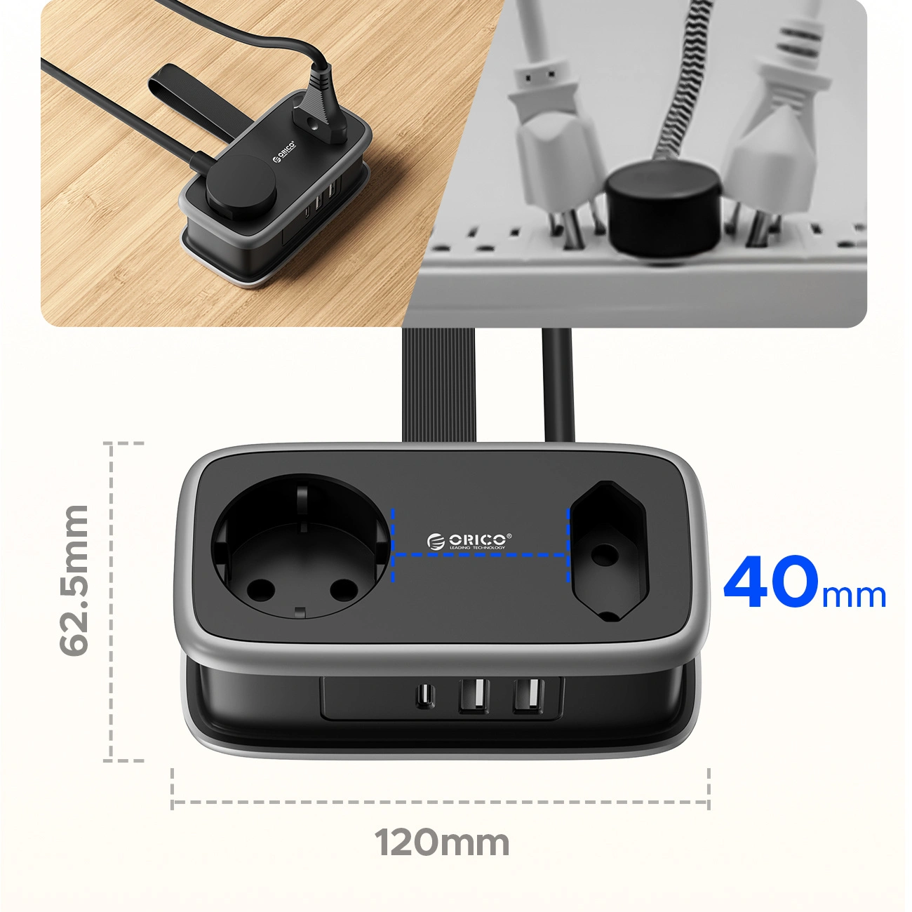 Produžni kabl Orico APP, 1 x Schuko - 1 x Utičnica - 2 x USB-A - 1 x USB-C, Crno Sivo