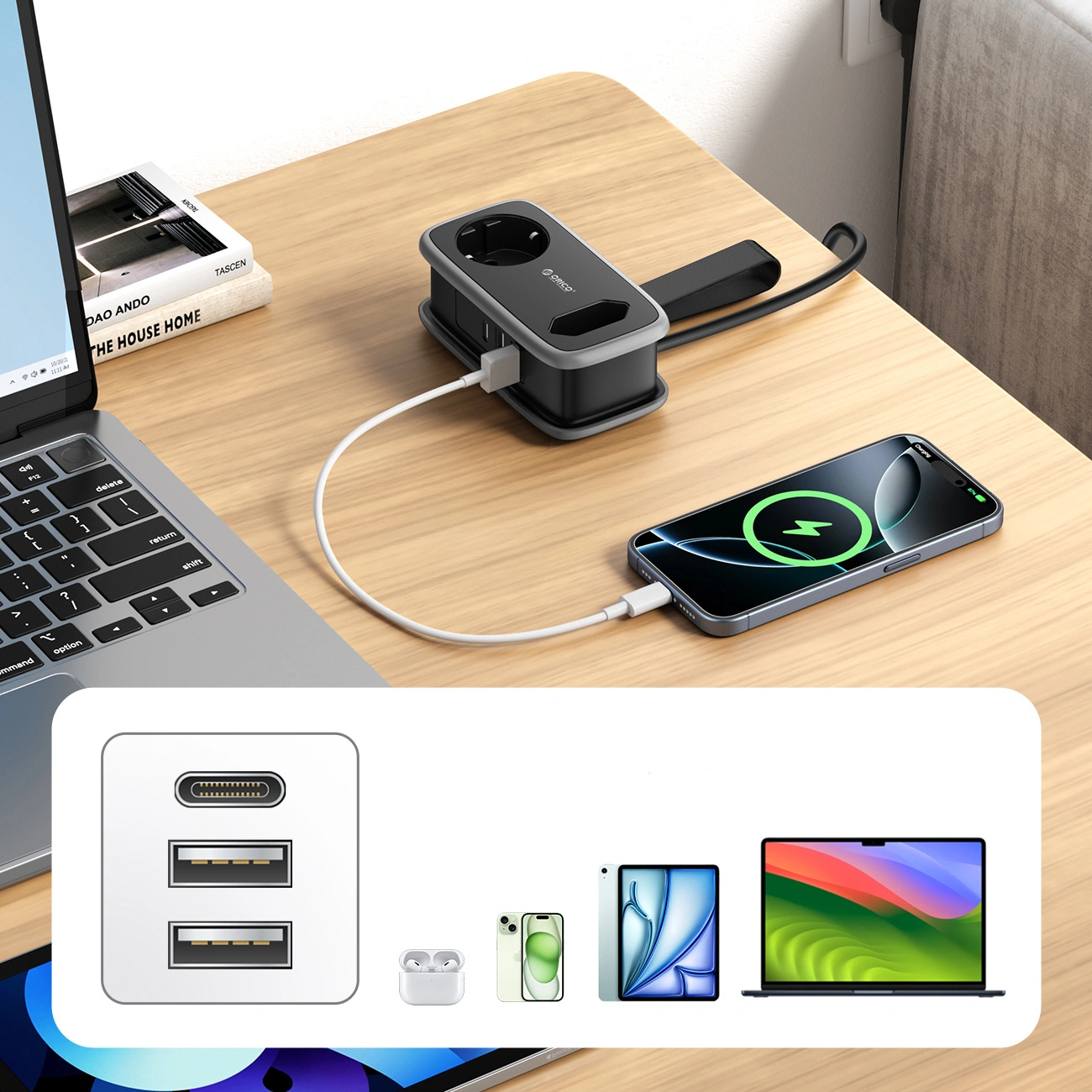 Produžni kabl Orico APP, 1 x Schuko - 1 x Utičnica - 2 x USB-A - 1 x USB-C, Crno Sivo