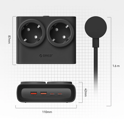 Produžni kabl Orico PDC25, 2 x Schuko - 2 x USB-A - 2 x USB-C, Crna