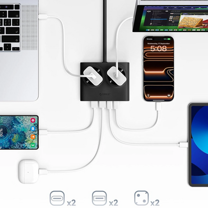 Produžni kabl Orico PDC25, 2 x Schuko - 2 x USB-A - 2 x USB-C, Crna