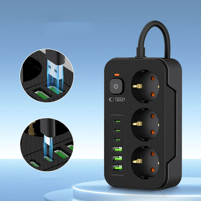 Prelungitor Tech-Protect PC3X6, 3 x Schuko, Crni