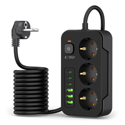 Prelungitor Tech-Protect PC3X6, 3 x Schuko, Crni