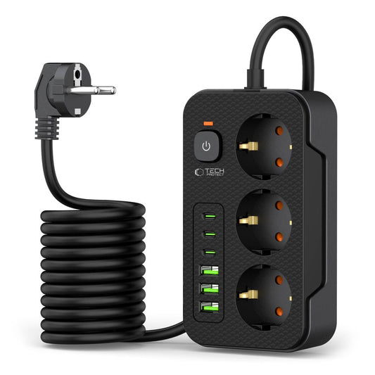 Prelungitor Tech-Protect PC3X6, 3 x Schuko, Crni