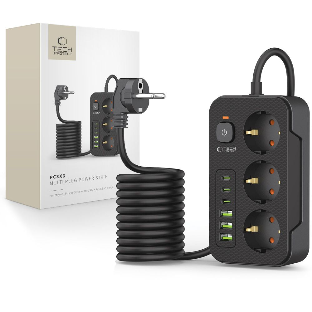 Prelungitor Tech-Protect PC3X6, 3 x Schuko, Crni