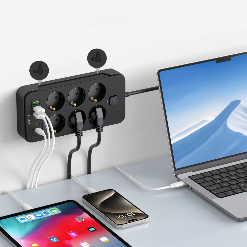 Network charger Tech-Protect PC6X6, 3 x USB-A - 3 x USB-C - 6 x Schuko, Black 