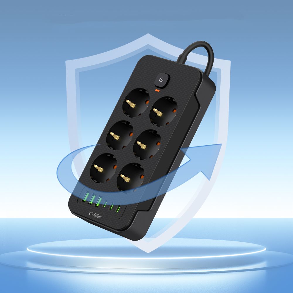 Network charger Tech-Protect PC6X6, 3 x USB-A - 3 x USB-C - 6 x Schuko, Black 