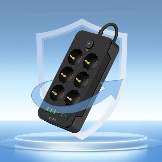 Produžni kabel Tech-Protect PC6X6, 15.5W, 3.1A, 3 x USB-A - 3 x USB-C - 6 x Schuko, Crni