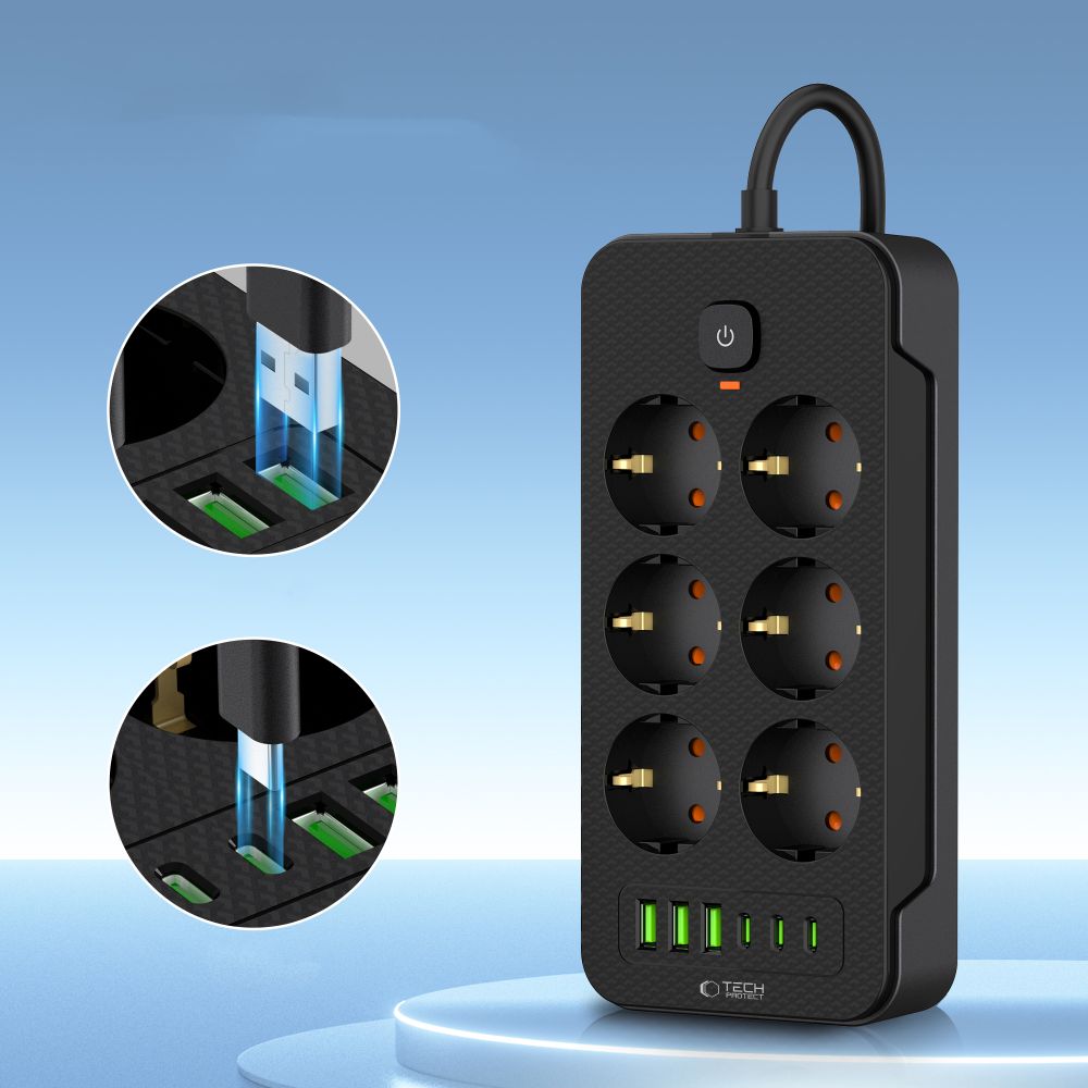 Network charger Tech-Protect PC6X6, 3 x USB-A - 3 x USB-C - 6 x Schuko, Black 