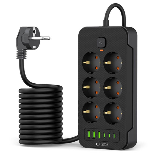 Produžni kabel Tech-Protect PC6X6, 15.5W, 3.1A, 3 x USB-A - 3 x USB-C - 6 x Schuko, Crni
