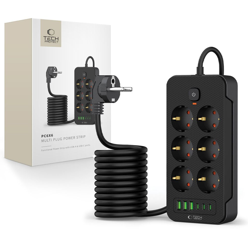 Network charger Tech-Protect PC6X6, 3 x USB-A - 3 x USB-C - 6 x Schuko, Black 
