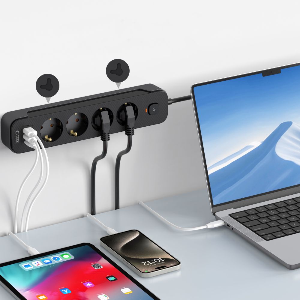 Network Charger Tech-Protect PCL4X3, 2 x USB-A - 1 x USB-C - 4 x Schuko, Black 