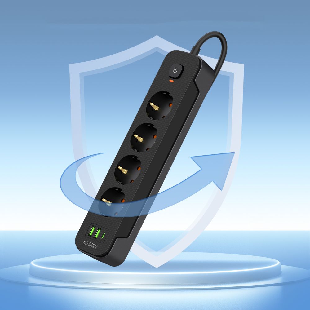 Network Charger Tech-Protect PCL4X3, 2 x USB-A - 1 x USB-C - 4 x Schuko, Black 