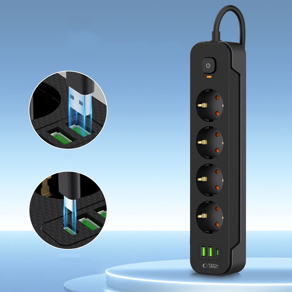 Network Charger Tech-Protect PCL4X3, 2 x USB-A - 1 x USB-C - 4 x Schuko, Black 