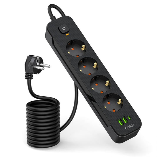 Produžni kabel Tech-Protect PCL4X3, 10.5W, 2.1A, 2 x USB-A - 1 x USB-C - 4 x Schuko, Crni