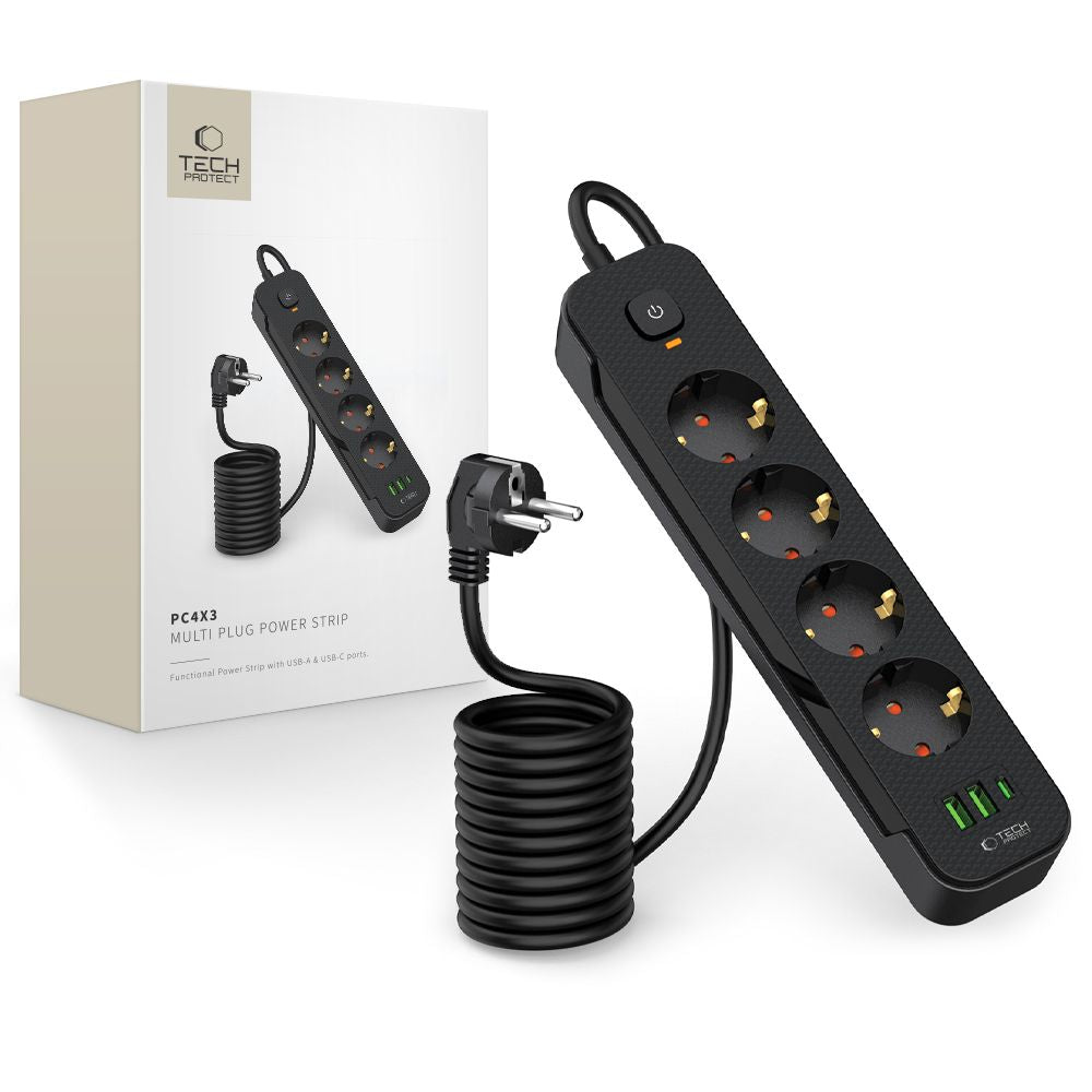 Network Charger Tech-Protect PCL4X3, 2 x USB-A - 1 x USB-C - 4 x Schuko, Black 