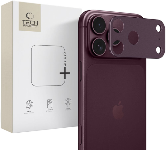 Zaštitni okvir za zadnju kameru Tech-Protect Camalloy Fit+ za Apple iPhone 18 Pro, aluminijum, bordo boje.