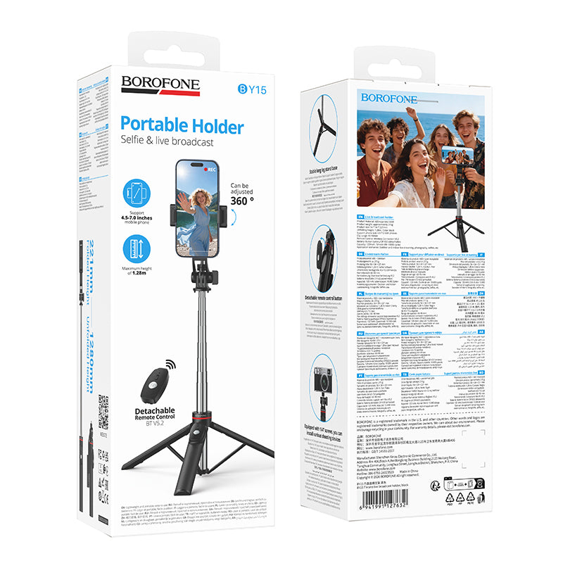 Selfie štap Bluetooth Borofone BY15 Throne, 4.5inch - 7inch, Crna