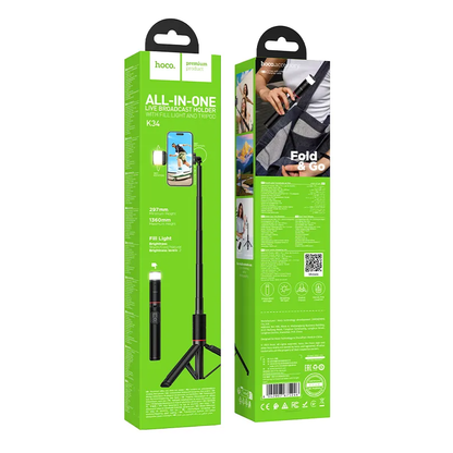 Selfie štap Bluetooth HOCO K34, 4.5inch - 7inch, Crna