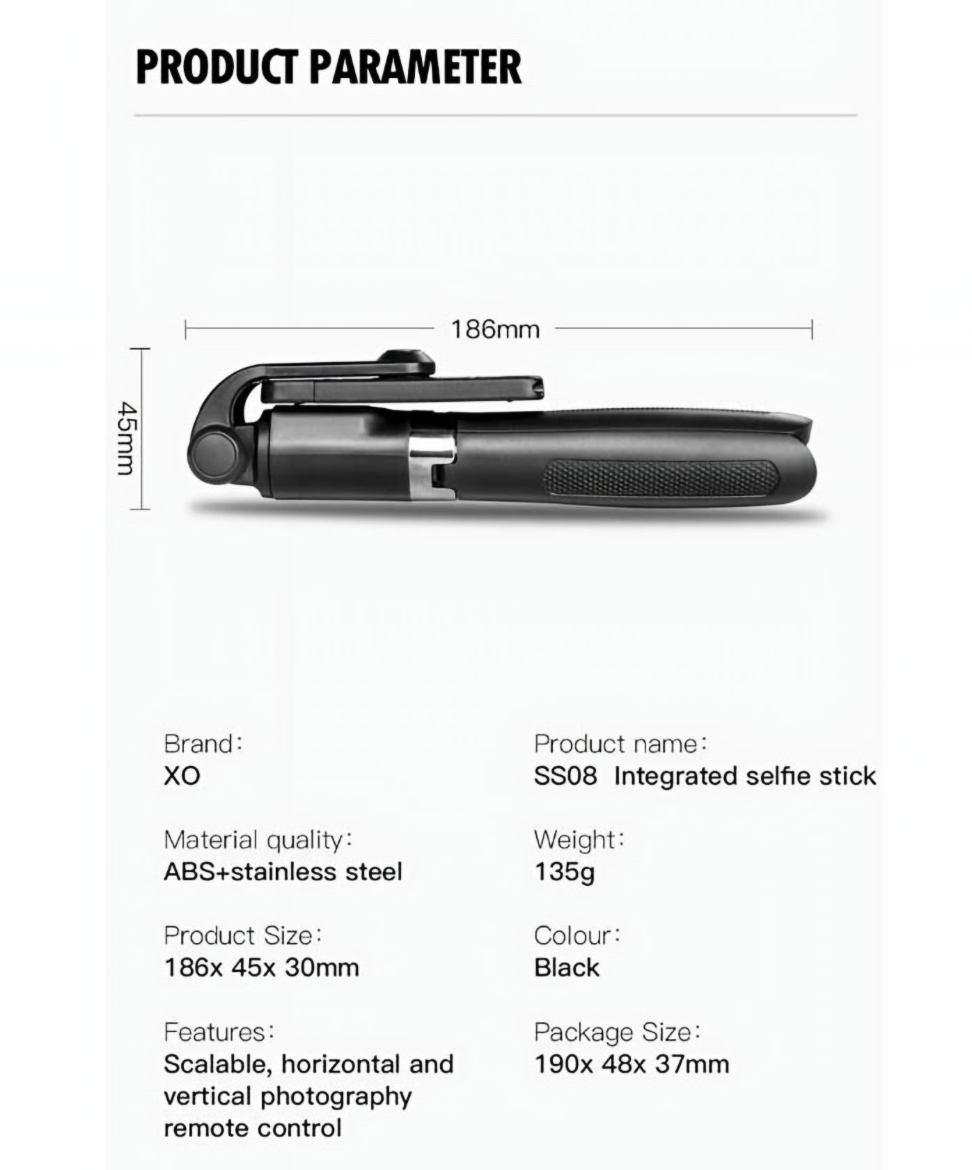 Selfie Stick Bluetooth XO Design SS08, Univerzalan, Crn