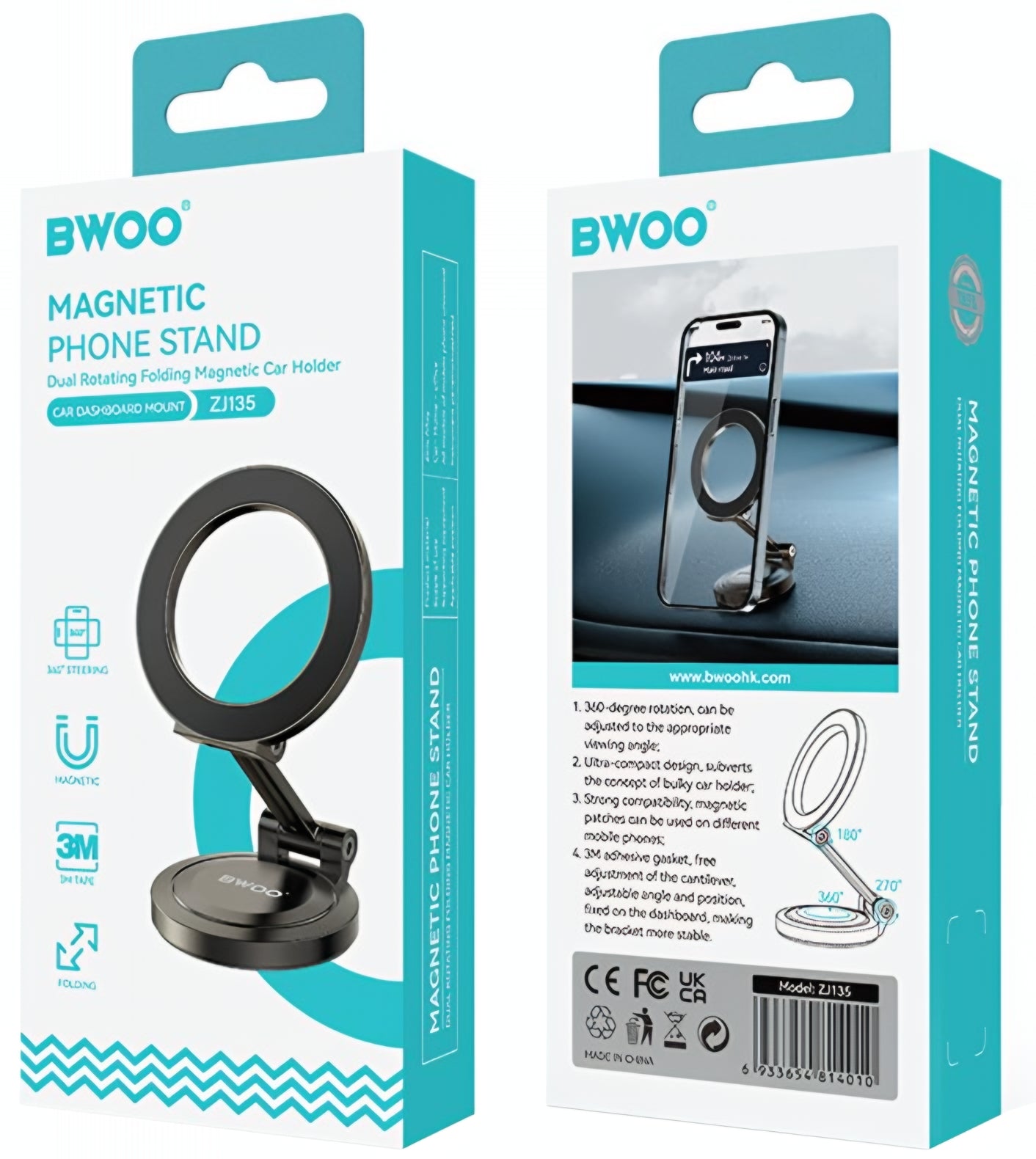Magnetni auto držač BWOO ZJ135, univerzalan, crni