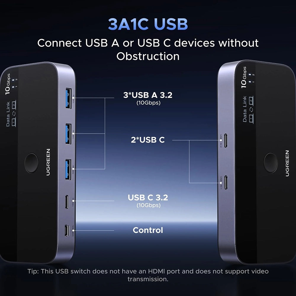 Switch USB UGREEN CM691 (45784), 3 x USB-A 3.2 - 1 x USB-C - 1 x miniUSB, Crni